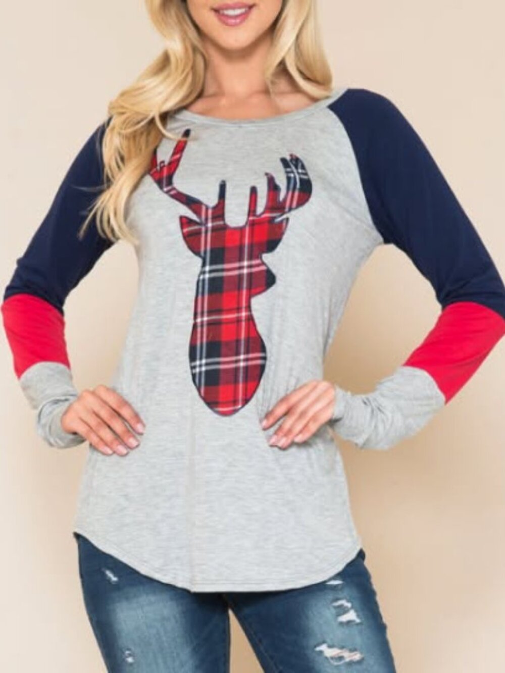 Long Sleeve Top with Plaid Deer